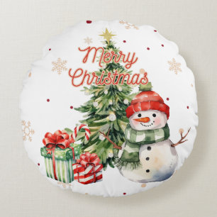 Merry Christmas Tree Snowman and Presents Round Cushion