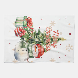 Merry Christmas Tree Snowman and Presents Tea Towel