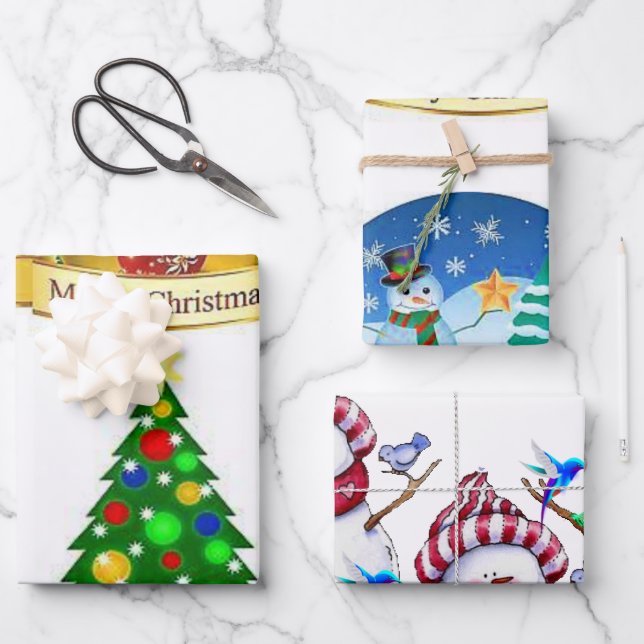 Merry Christmas Tree Snowman  Wrapping Paper Sheet (Front)