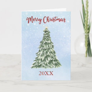 Merry Christmas Tree Snowy Blue Winter Background Holiday Card