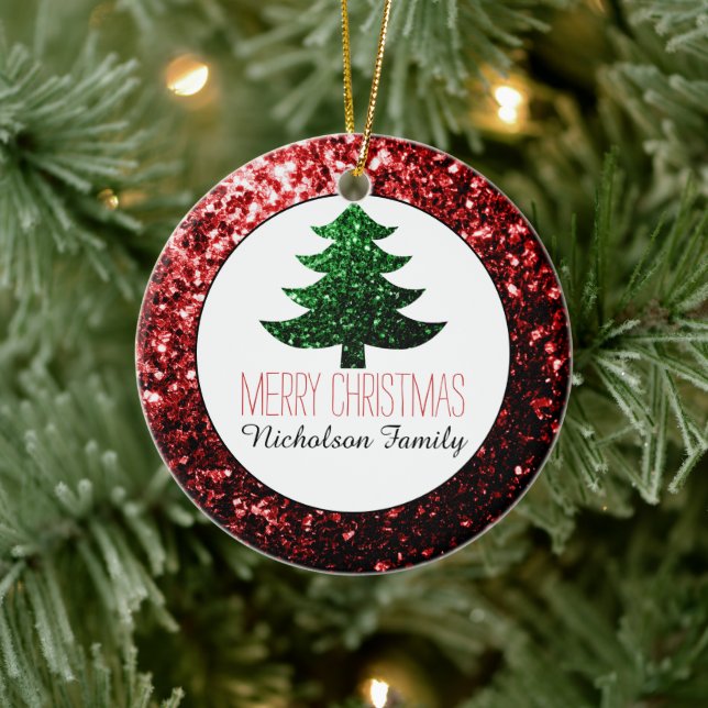 Merry Christmas tree sparkles Red Green Your name Ceramic Tree Decoration (Tree)
