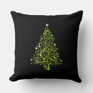 Merry Christmas Tree Stars Black and Green Elegant Cushion