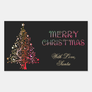 Merry Christmas Tree Stars Black Gold Red Rectangular Sticker