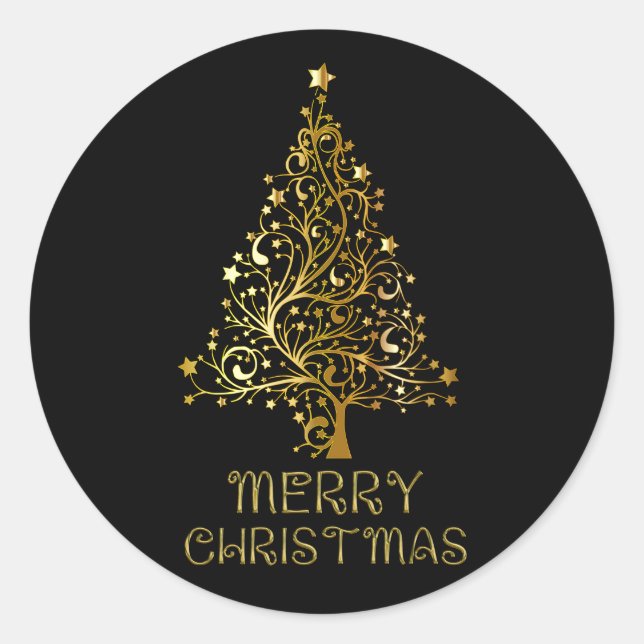 Merry Christmas Tree Stars Black Gold Shiny Chic Classic Round Sticker (Front)