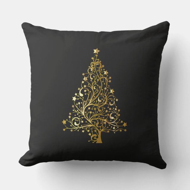 Merry Christmas Tree Stars Black Gold Shiny Chic Cushion (Front)