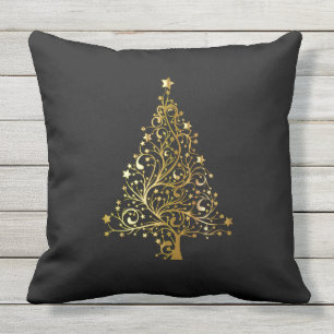 Merry Christmas Tree Stars Black Gold Shiny Chic Cushion