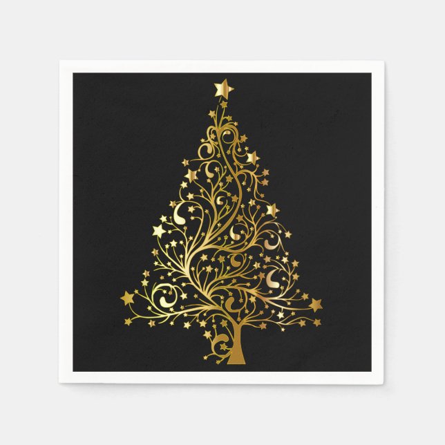 Merry Christmas Tree Stars Black Gold Shiny Chic Napkin (Front)