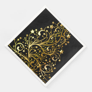 Merry Christmas Tree Stars Black Gold Shiny Chic Napkin