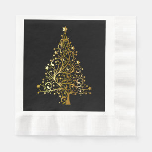 Merry Christmas Tree Stars Black Gold Shiny Chic Napkin