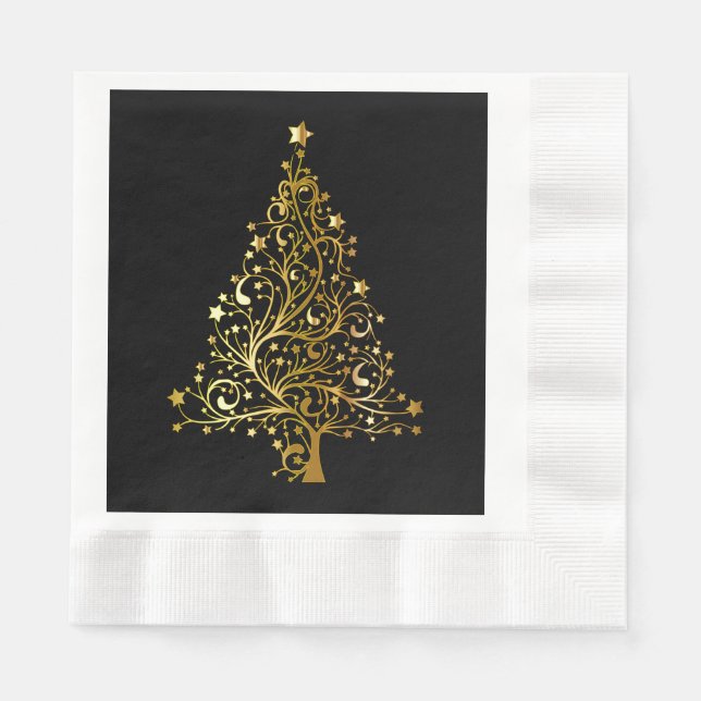 Merry Christmas Tree Stars Black Gold Shiny Chic Napkin (Front)