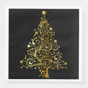 Merry Christmas Tree Stars Black Gold Shiny Chic Napkin