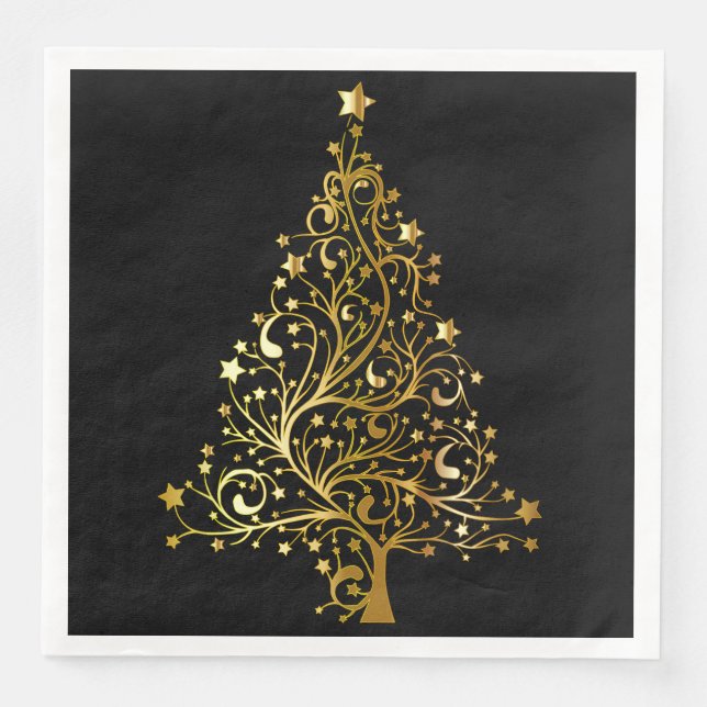 Merry Christmas Tree Stars Black Gold Shiny Chic Napkin (Front)
