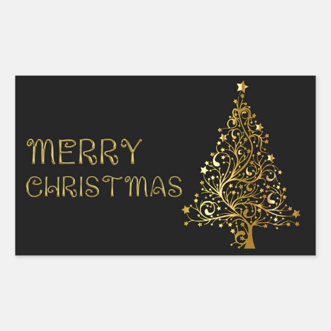 Merry Christmas Tree Stars Black Gold Shiny Chic Rectangular Sticker (Front)