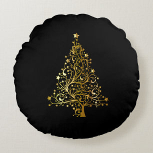 Merry Christmas Tree Stars Black Gold Shiny Chic Round Cushion