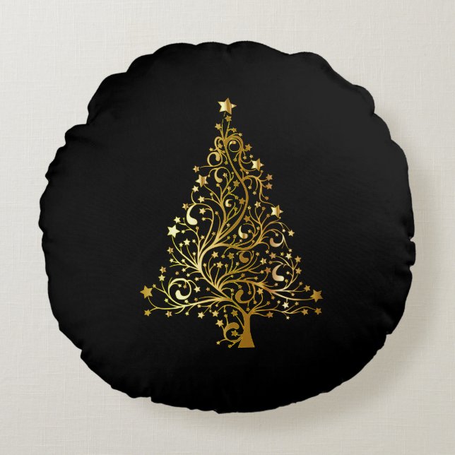 Merry Christmas Tree Stars Black Gold Shiny Chic Round Cushion (Front)