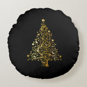 Merry Christmas Tree Stars Black Gold Shiny Chic Round Cushion