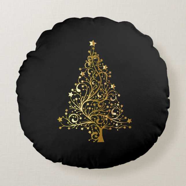 Merry Christmas Tree Stars Black Gold Shiny Chic Round Cushion (Front)