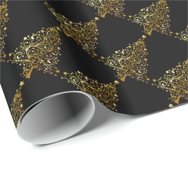 Merry Christmas Tree Stars Black Gold Shiny Chic Wrapping Paper (Roll Corner)