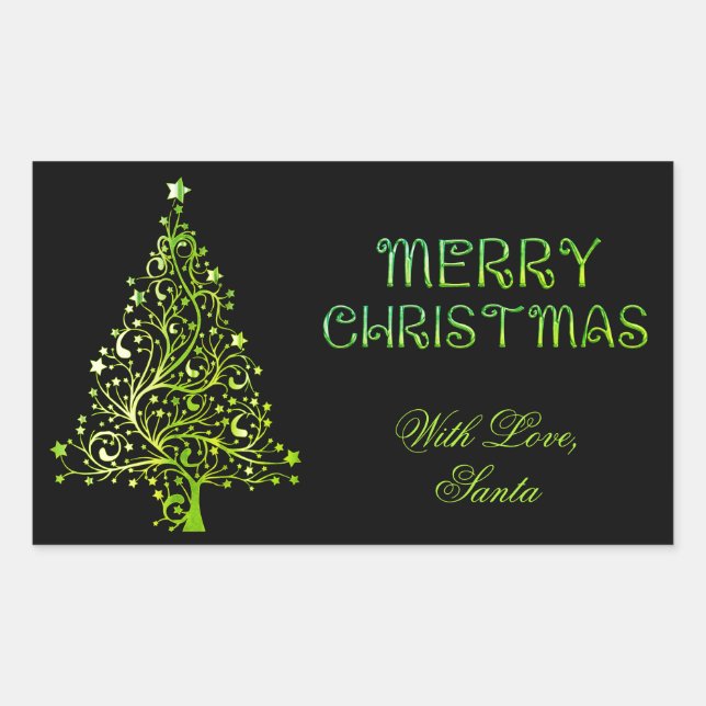 Merry Christmas Tree Stars Black Green Elegant Rectangular Sticker (Front)