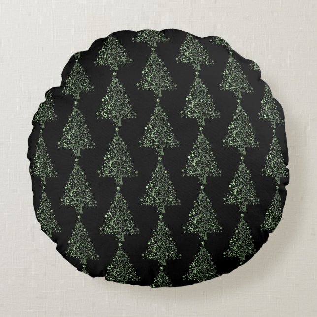 Merry Christmas Tree Stars Black Green Pattern Round Cushion (Front)
