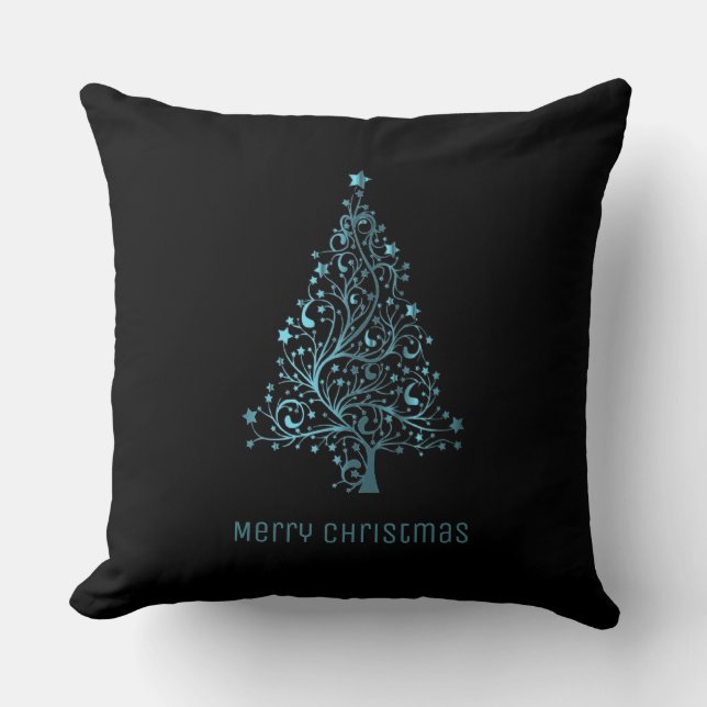 Merry Christmas Tree Stars Black Metallic Blue Cushion (Front)