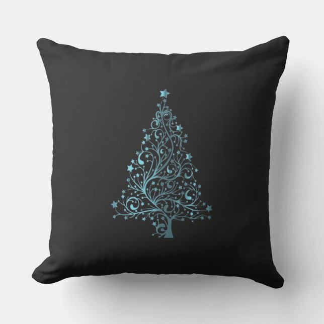 Merry Christmas Tree Stars Black Metallic Blue Cushion (Front)