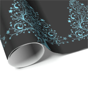 Merry Christmas Tree Stars Black Metallic Blue Wrapping Paper