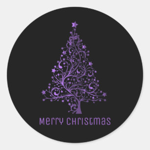 Merry Christmas Tree Stars Black Metallic Purple Classic Round Sticker
