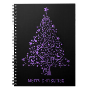 Merry Christmas Tree Stars Black Metallic Purple Notebook