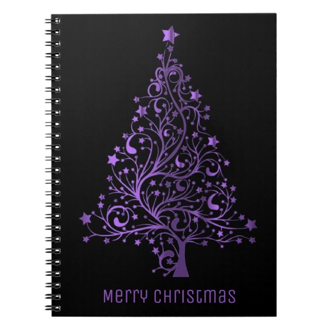 Merry Christmas Tree Stars Black Metallic Purple Notebook (Front)