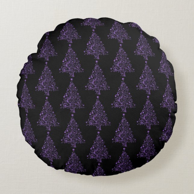Merry Christmas Tree Stars Black Purple Pattern Round Cushion (Front)
