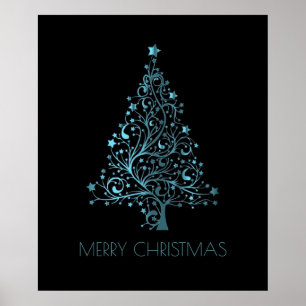 Merry Christmas Tree Stars Blue Metallic Look Poster