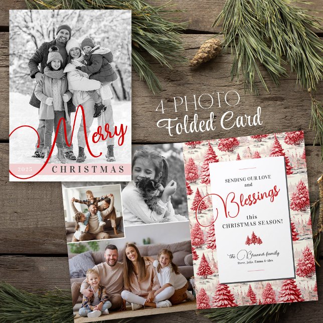 Merry Christmas Tree Toile Custom Family Photo Holiday Card (Vintage modern family multi-photo Merry Christmas trees red toile blessings holiday folded card)