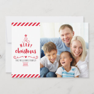 MERRY CHRISTMAS TREE typography family photo red Holiday Card
