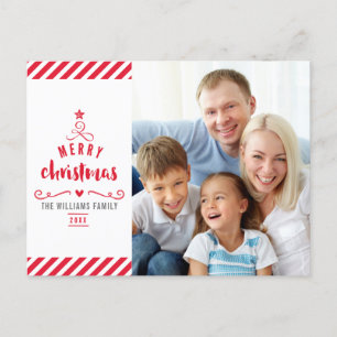 MERRY CHRISTMAS TREE typography family photo red Holiday Postcard