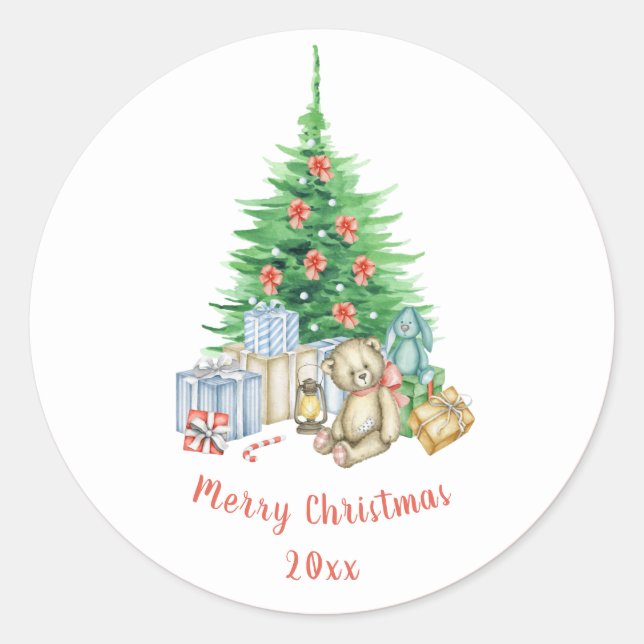 Merry Christmas Tree Typography Personalise Classic Round Sticker (Front)