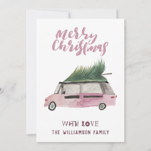 Merry Christmas Tree Van Watercolor Holiday Card