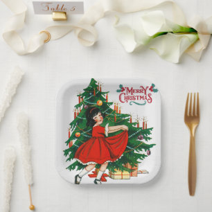 Merry christmas tree vintage art   paper plate