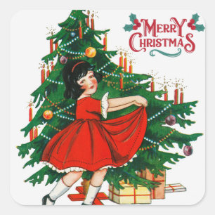 Merry christmas tree vintage art square sticker