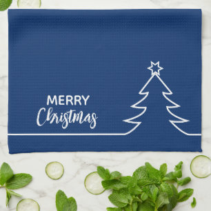 Merry Christmas Tree w Star Blue White Line Art Tea Towel