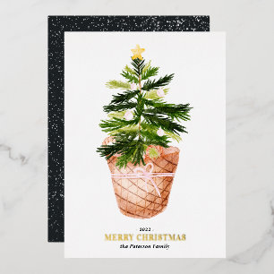 Merry Christmas tree watercolor bow illustration Foil Holiday Card