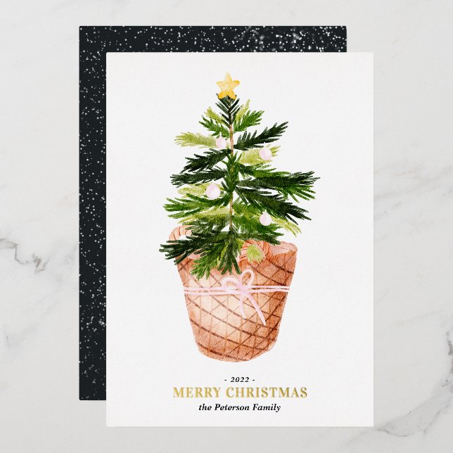 Merry Christmas tree watercolor bow illustration Foil Holiday Card (Front/Back)