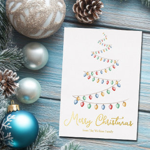 Merry Christmas Tree Watercolor Ornaments Gold Foil Holiday Card