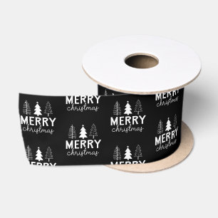 Merry Christmas Tree White Black Satin Ribbon