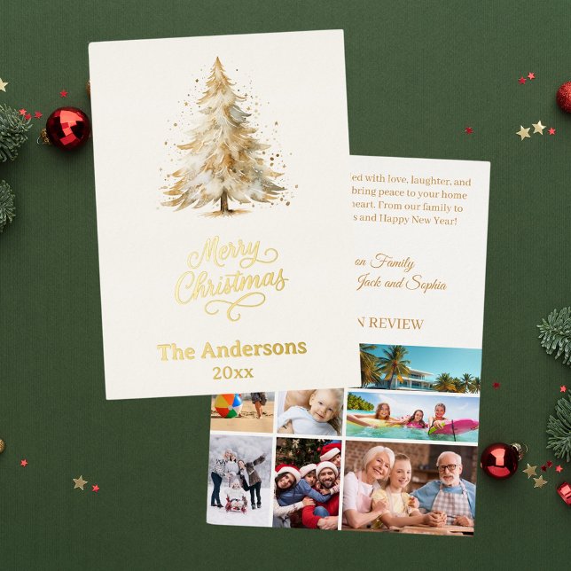 Merry Christmas tree white photo year in review Foil Holiday Card (Creator Uploaded)