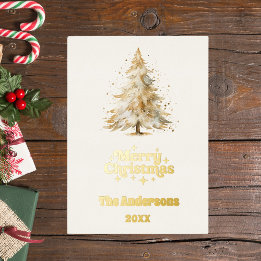 Merry Christmas tree white photo year in review Foil Holiday Card