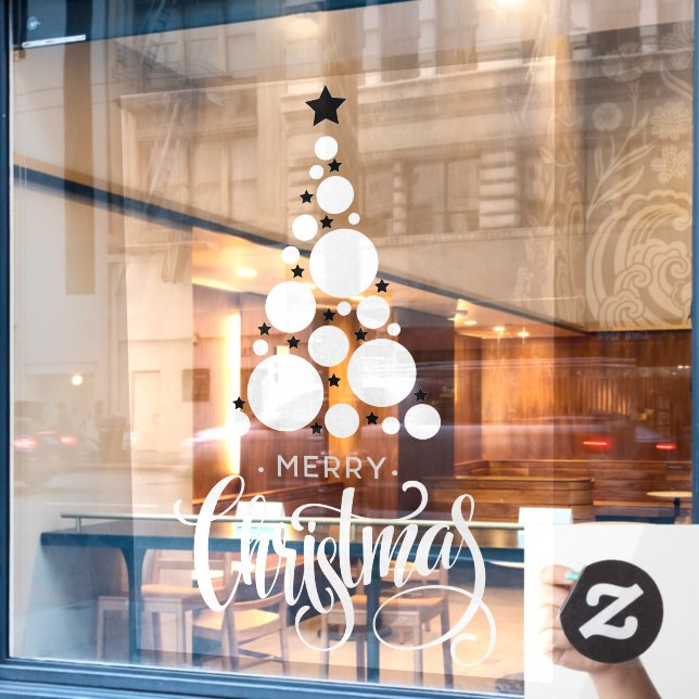 Merry Christmas Tree White Stars Holiday Window Cling (Cafe Window)