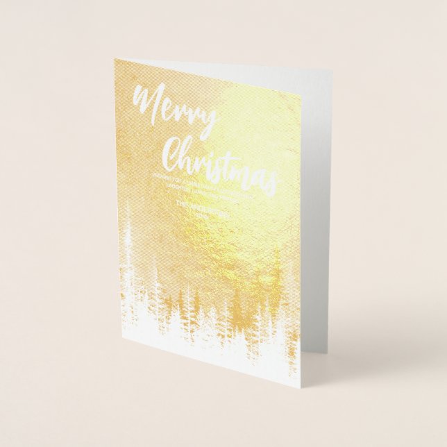 Merry Christmas tree winter Night forest Gold Foil Card (Front)