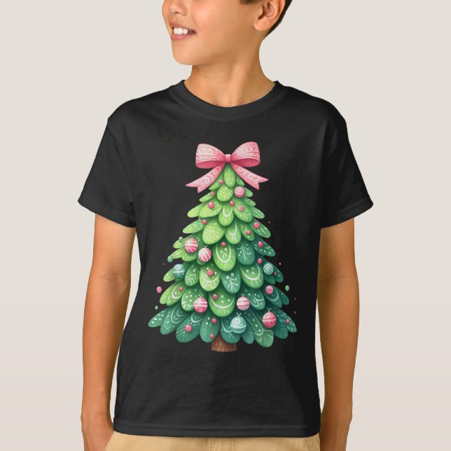 Merry Christmas Tree With Coquette Bow Xmas Holida T-Shirt (Front)
