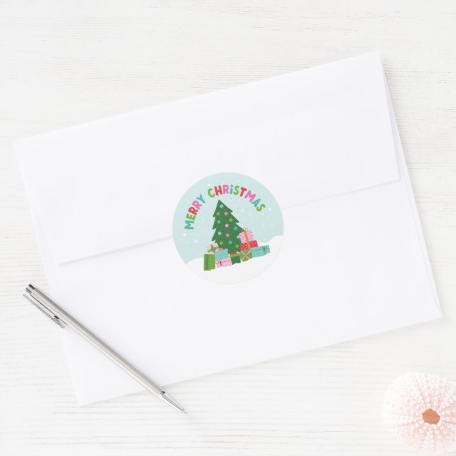 Merry Christmas Tree with Gifts in Aqua Blue Classic Round Sticker (Envelope)